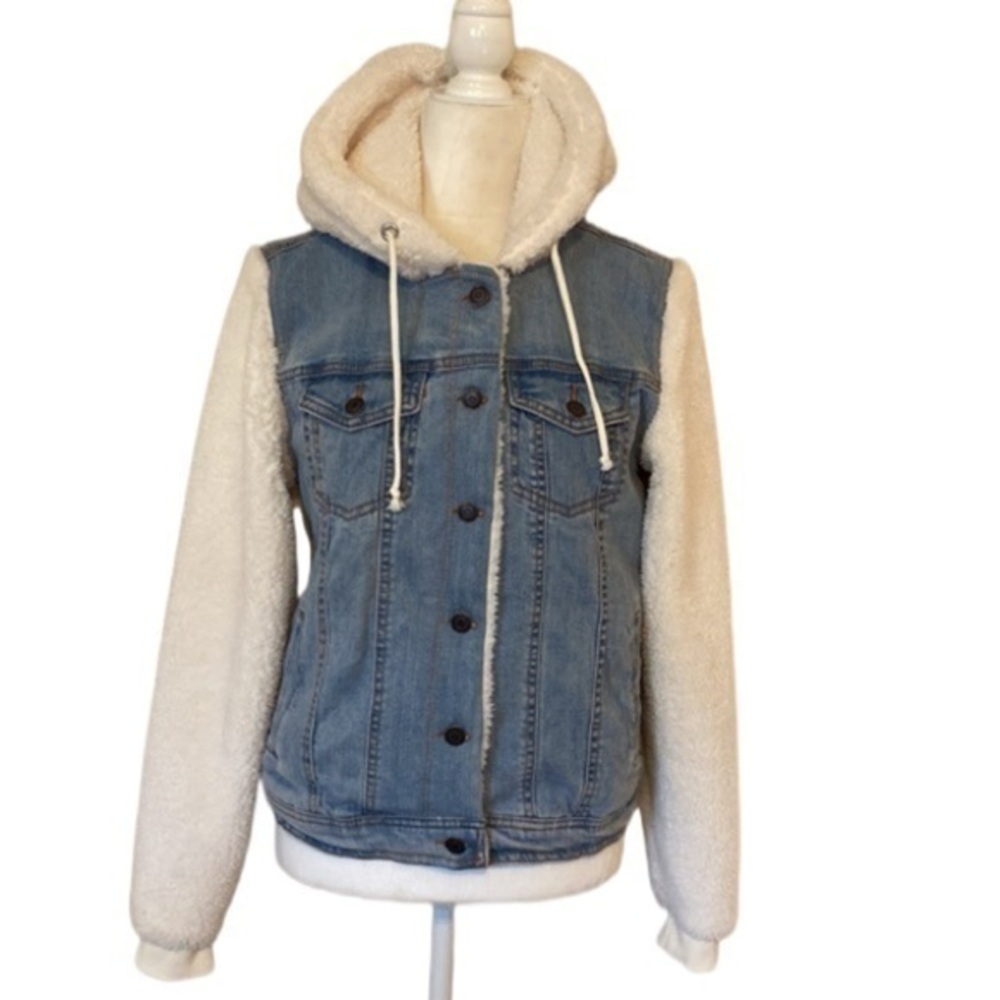 Maurices Denim Sherpa Button Down Long Sleeve Hoodie Jacket Women’s Medium